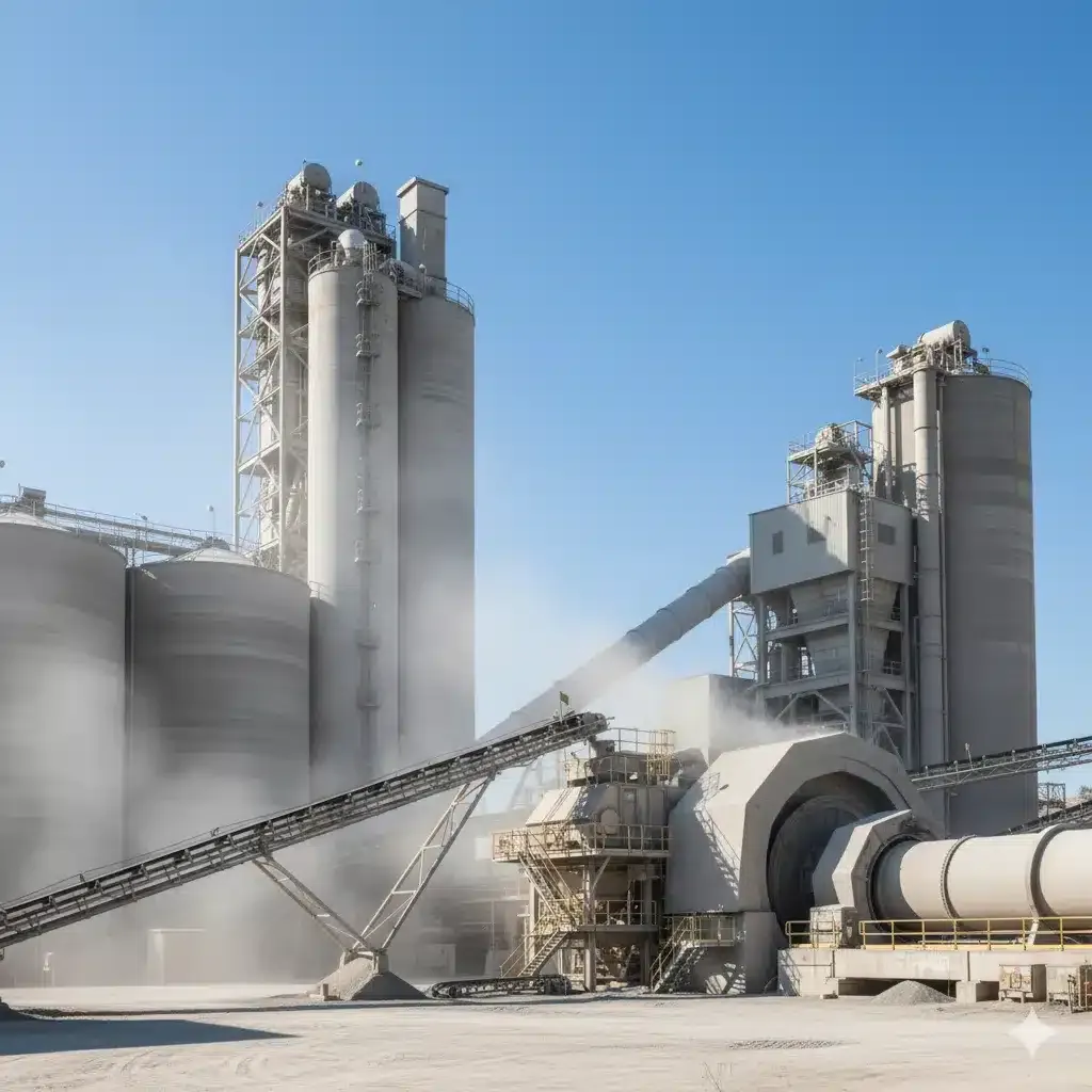 Fábrica de cemento con la cadena de producción desde la trituración de materia prima hasta la molienda final, pasando por el horno