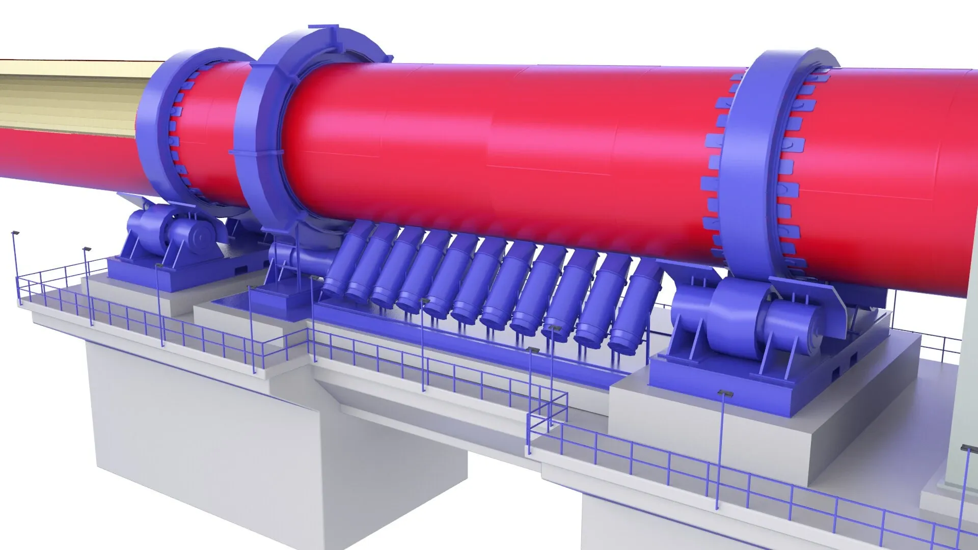 Horno rotatorio de cemento con rodillos de apoyo y aros de rodadura — Aceros y Suministros fabrica componentes de recambio de precisión para producción continua de clínker